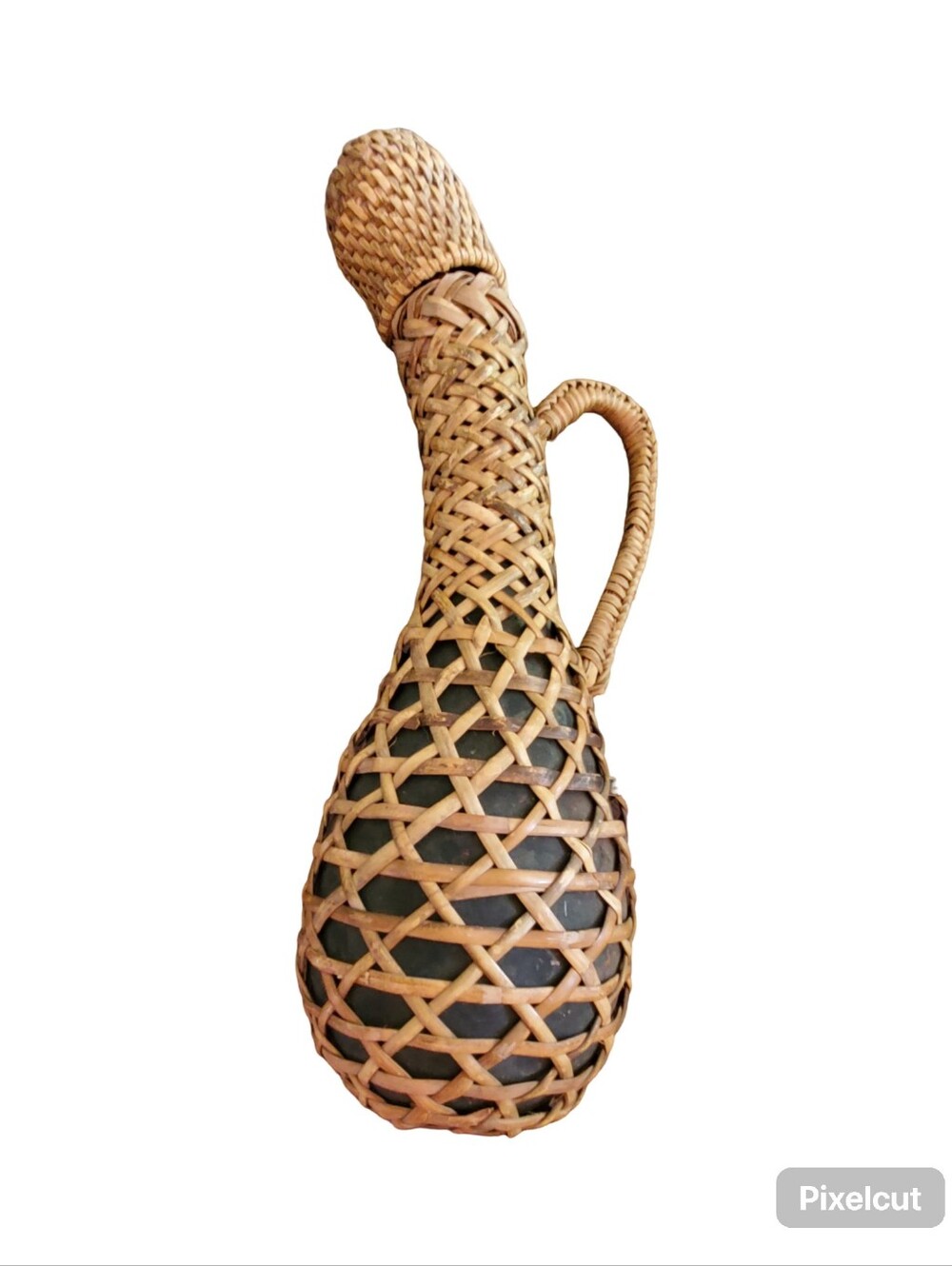 Woven Rattan Bottle Vase with Dark Green Interior - Natural Brown